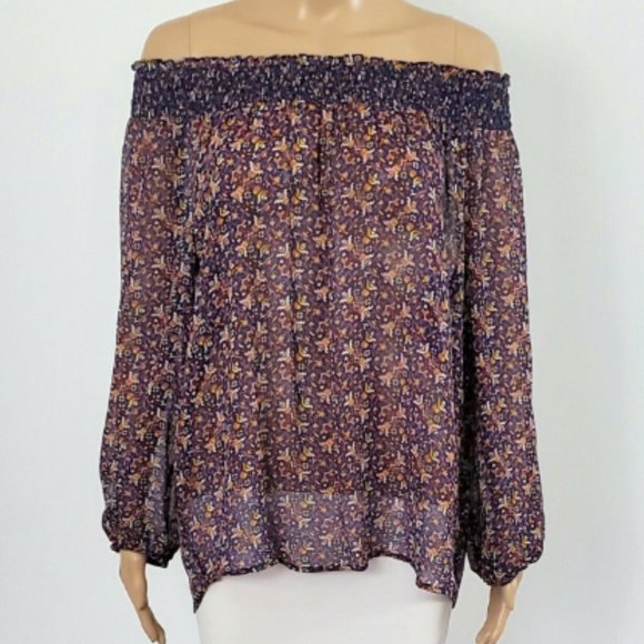 JOIE Azzedine Silk Multicolor Smocked Off Shoulder Sheer Pattern Blouse XS $268 - Picture 3 of 7